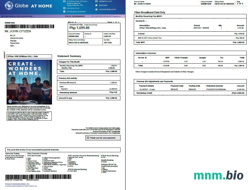 Filipiny Globe MyBusiness szablon rachunku za media w formatach Word i PDF, 2 strony, Wersja 2